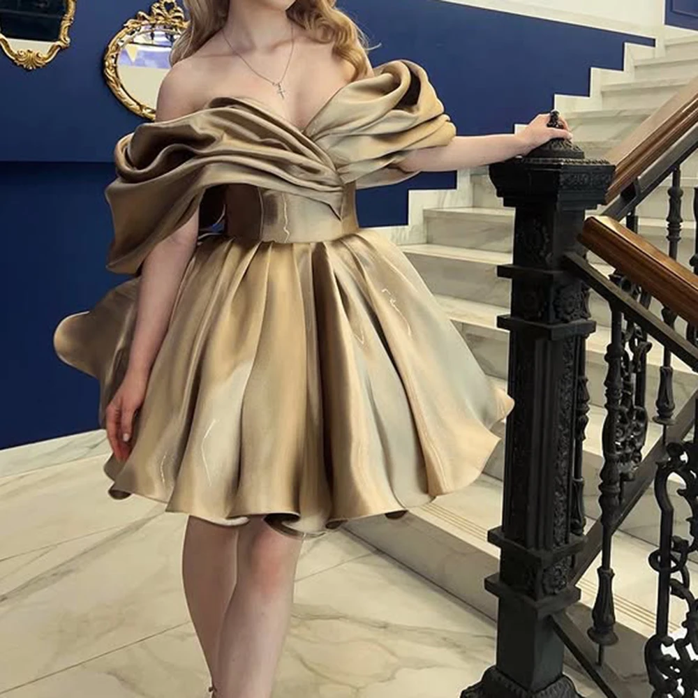 

Customized Puffy Off Shoulder Pleated Short Mini Evening Wedding Dress Short Mini Lace up Back Modest Prom Dress robe de soiree