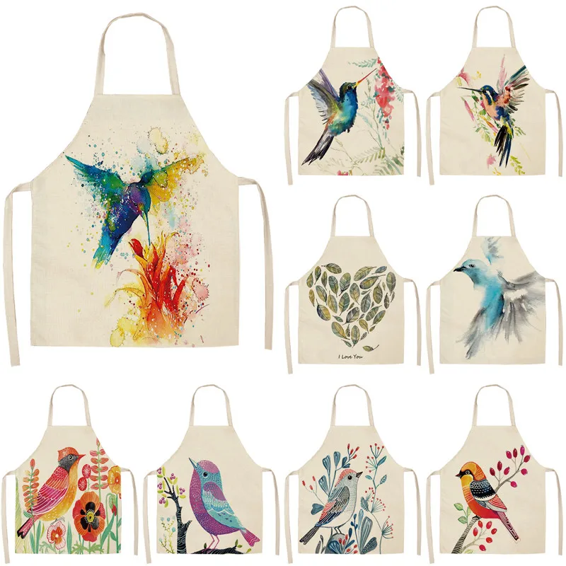 1Pc Bird Flower Branch Printed Kitchen Aprons for Women Household Cleaning Accessories Cotton Linen Cooking Apron 55x68cm