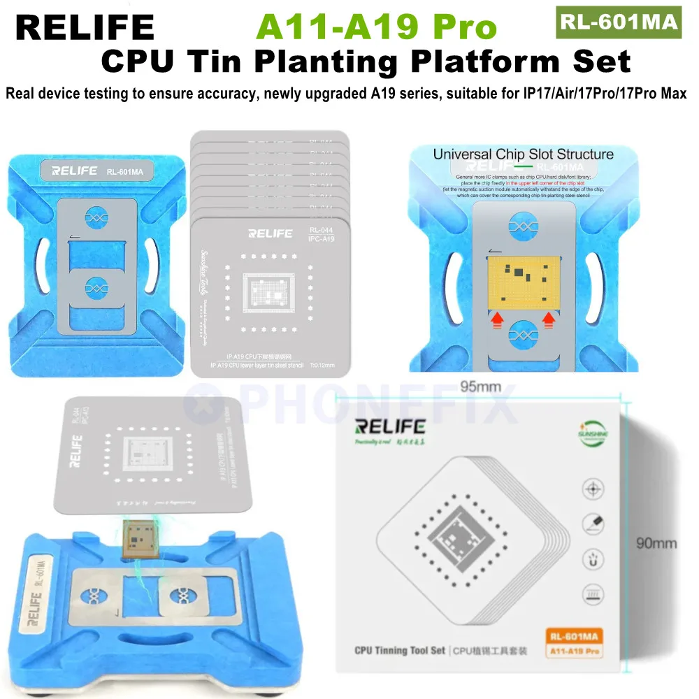 

RELIFE RL-601MA CPU Tin Planting Platform Kit for iPhone 8-17 Pro Max A11- A19 Pro CPU Chip Solder Reballing Stencils Tools Set