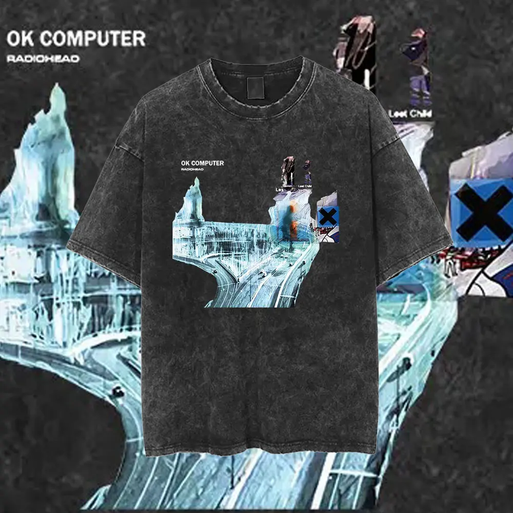 Radiohead روك باند حمض غسلها المتضخم القطن تي شيرت الرجال النساء الشارع الهيب هوب الموسيقى المحملة موضة قصيرة الأكمام تي شيرت بلايز #2