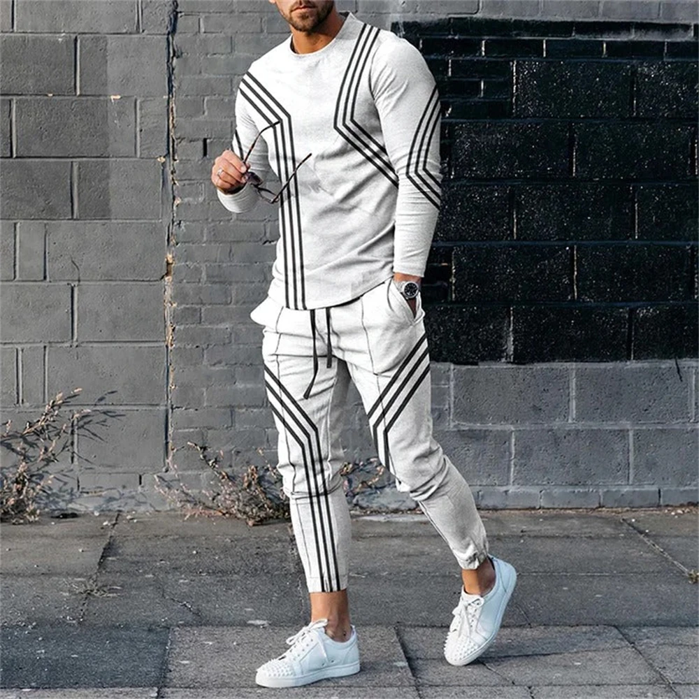 Fashion Color Stripe 3D Print Men\'s Sportswear Set Casual Long-Sleeved T Shirt Pants 2-Piece Set Oversized Pullover Men Clothing