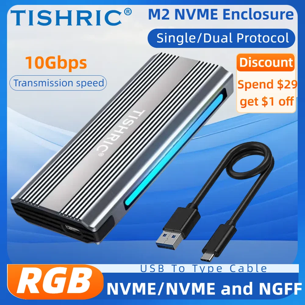 TISHRIC نوع C RGB SSD M2 NVME الضميمة 10Gbps سبائك الألومنيوم بروتوكول واحد/مزدوج قرص صلب خارجي HD حافظة M.2 للألعاب