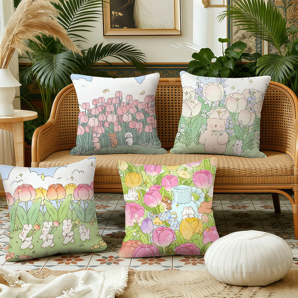 Tulip illustration Rabbit cushion cover Pillow Case Plush Fabric Soft Double Sided Print Sofa Cushion Cover Throw Pillow Covers