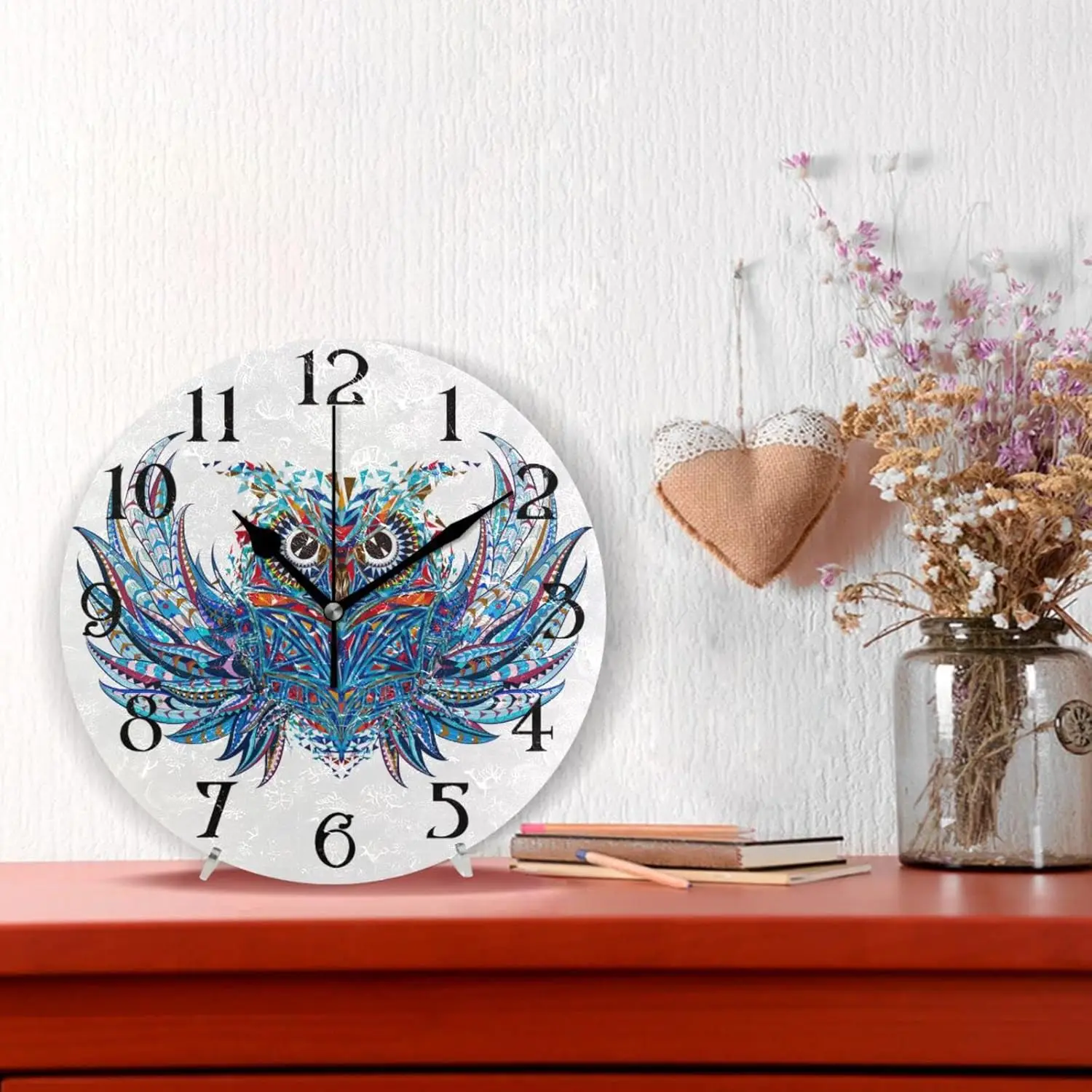 Bohemian Wings Aztec Owl Wall Clock Silent Non Ticking Kitchen Clock 9.5 Inch Round Bathroom Clock Battery Operated Quartz Analo