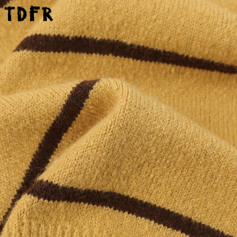 Striped Jacquard Sweater Mens Autumn Winter Retro Casual Loose Lapel Long Sleeve Knitted Pullover Man