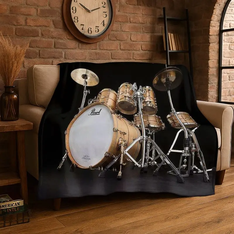 Retro Drum Set Music Instruments Drum Kit Flannel Blanket Soft Throw Blanket for Bedroom Living Room Bed Travel Picnic Nap Gift