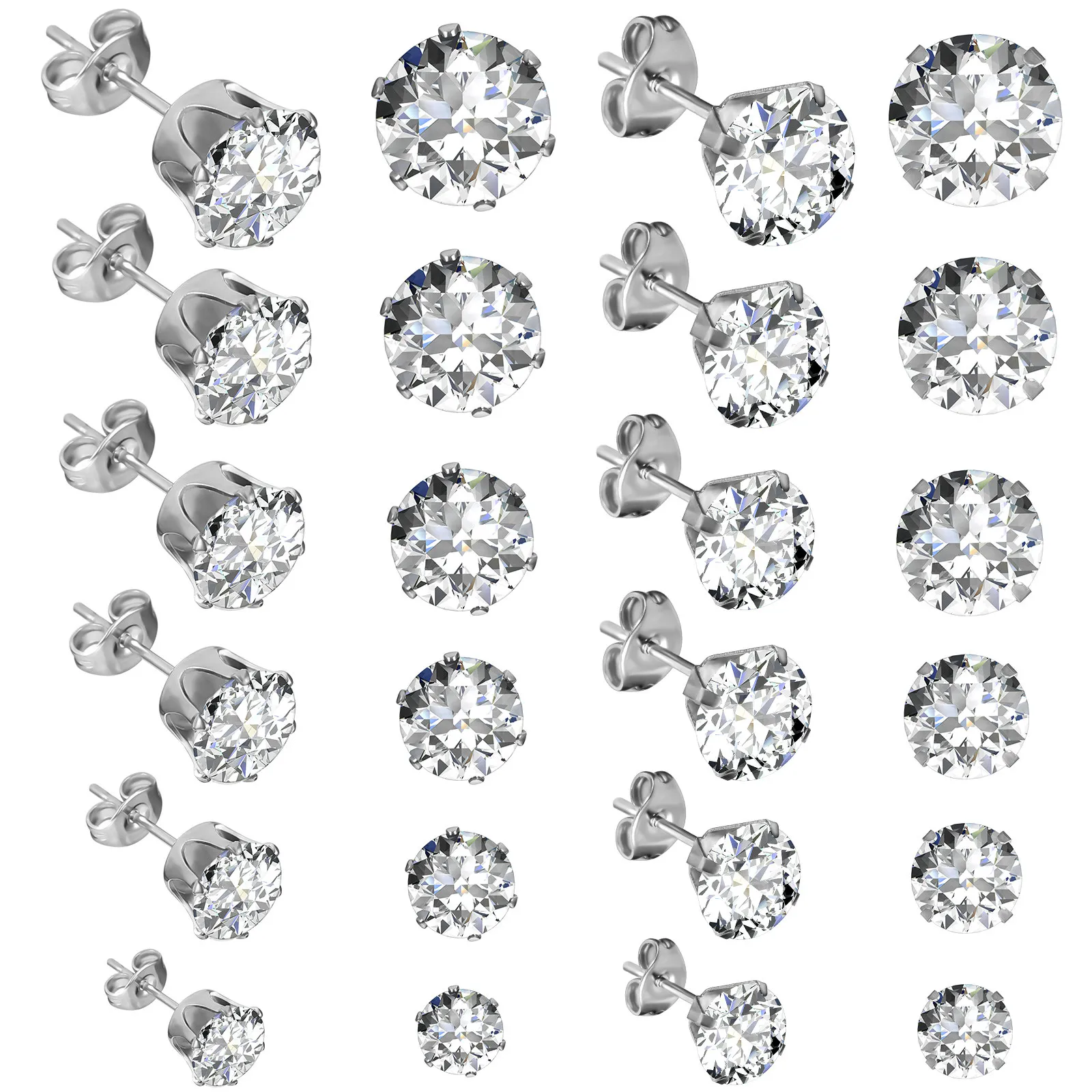 12Pairs Ear Silver Earrings Simple Cubic Zirconia High Definition Cut Facets Women Jewelry