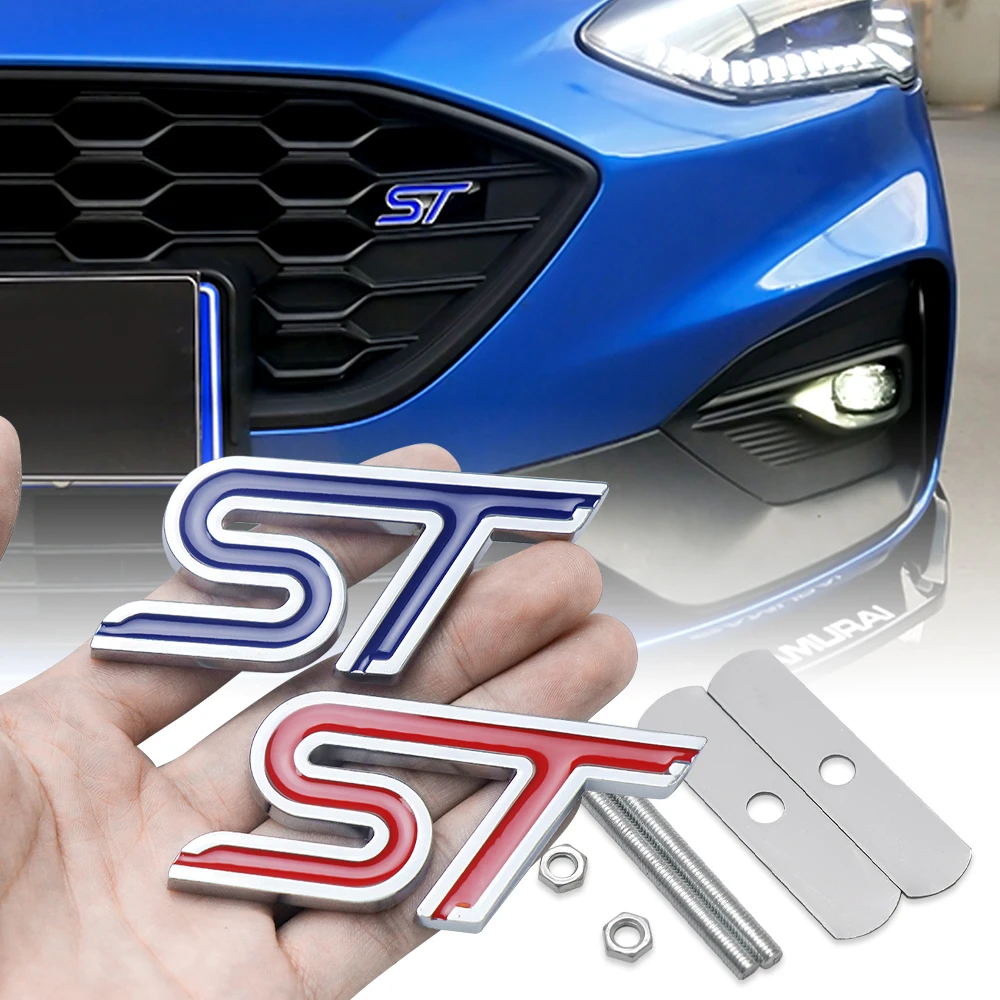 Car Aluminum Alloy ST Emblem Front Grille Body Trunk Decoration Sticker Decal For Ford TAURUS Shelby Edge Ecosport Kuga Mustang