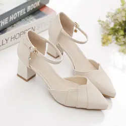 FHC Women High Heels,Soft PU Leather Office Work Shoes,Spring Pumps,Ankle Buckle,Shallow Out,Pointed Toe,Black,Beige,Dropship