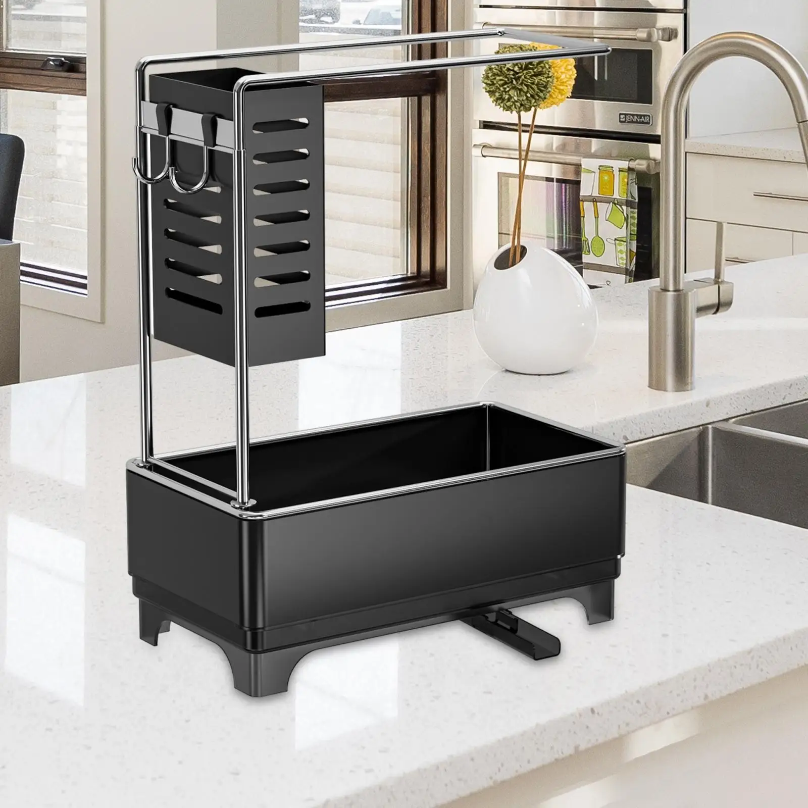 Kitchen Sink Organizer Storage Essentials Black Counter with Auto Drain Tray