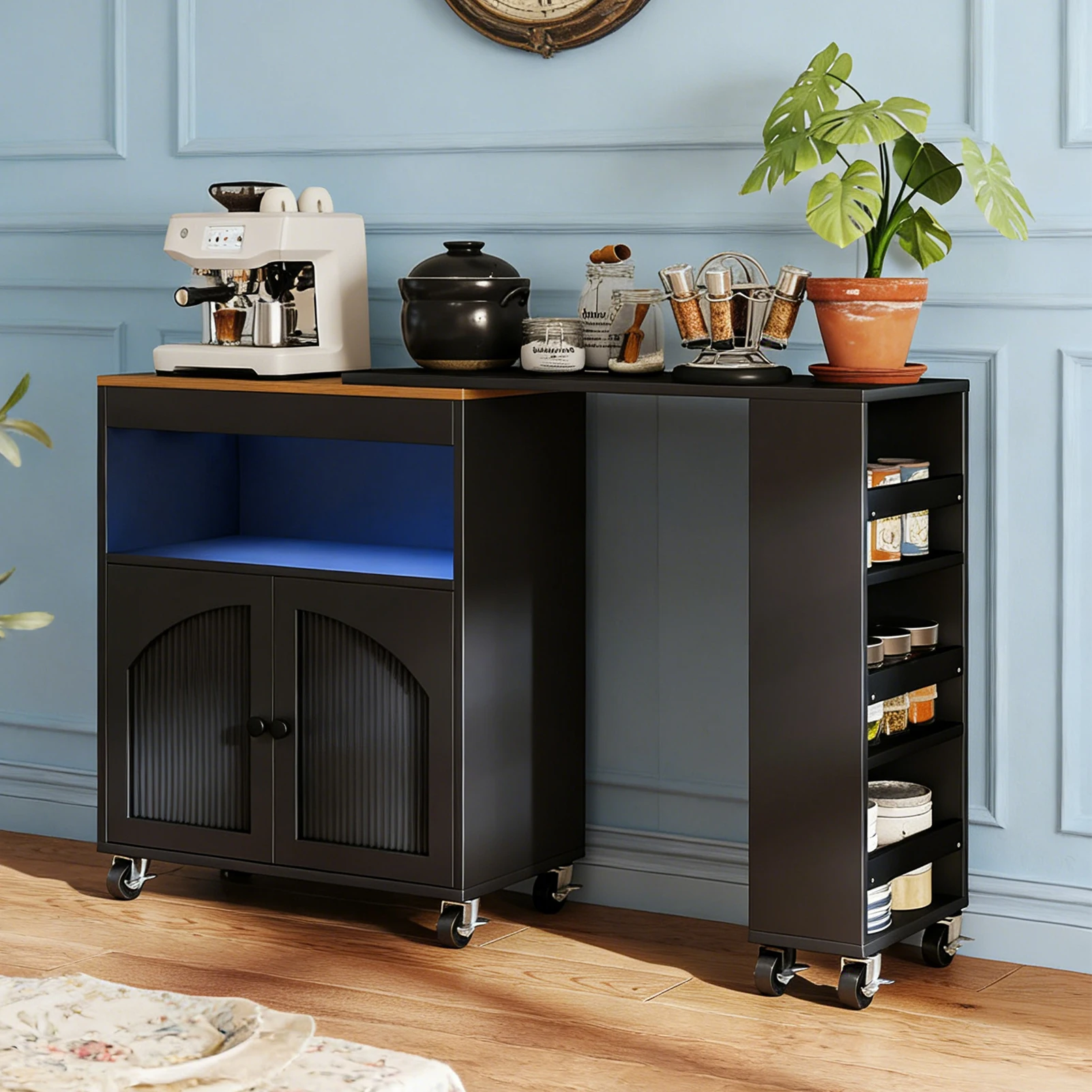 Rolling Kitchen Island Cart with Extended Table - MDF Storage Unit with LED Light, Outlets, 2 Fluted Glass Doors & 3 Shelves - view 4