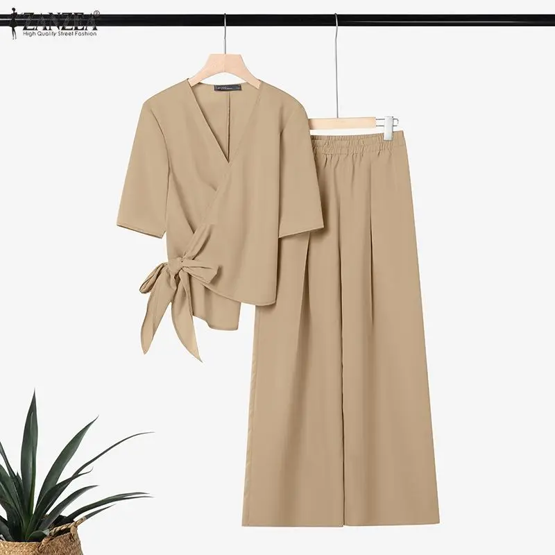 ZANZEA Elegante Sommer-Frühlings-Hosenanzüge für Damen, OL-Arbeits- und Partykleidung, Weite Hosen, Lockere Einfarbige Oberteile, 2-teiliges Set mit V-Ausschnitt und Schnürung