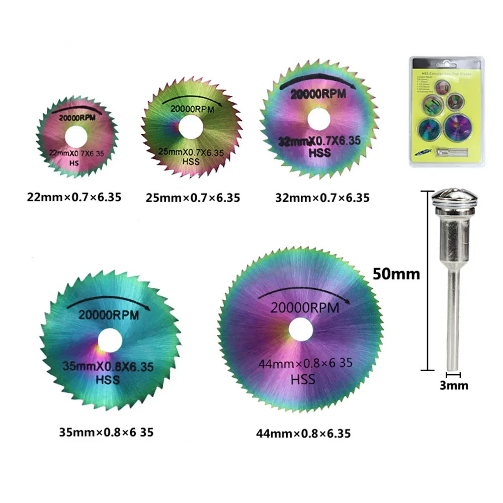 HSS鋸刃セット 22/25/32/35/44mm、3mmシャンクチャック付き回転工具、木材用ディスク、ミニカットオフディスク