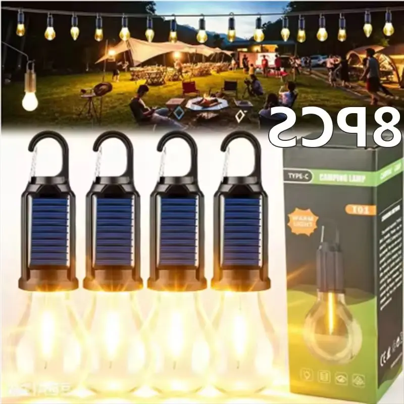 8PCS Solar LED Camping Lantern USB Rechargeable Dimmable Hanging Tent Light with Hooks Waterproof Vintage Bulb Lamp for Halloween Christmas Party Decor Emergency Outdoor Camping Fishing BBQ Lighting