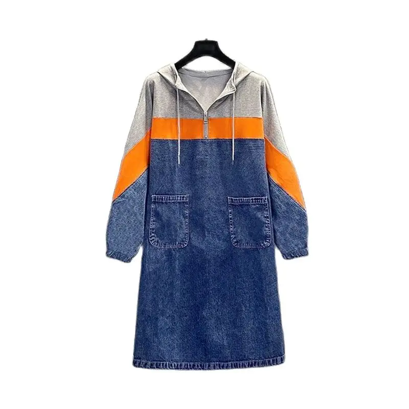 Cowboy Long Sleeve Dress 2023 Spring And Autumn New Women's Coat Loose Slim Contrast Stitching Hooded Temperament Denim Skirt