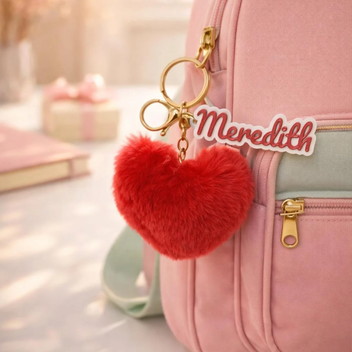 Keychain with Name | Heart shaped Velvet Bag Pendant