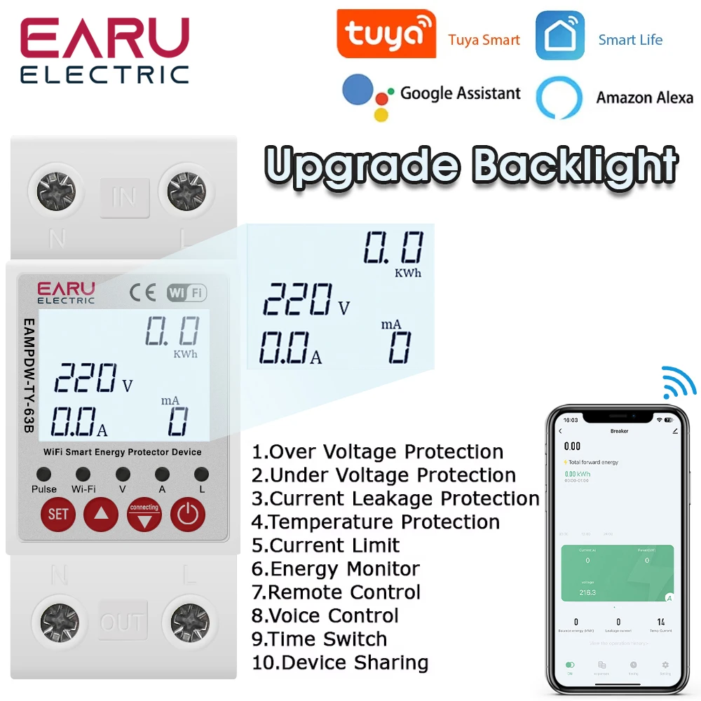 2P 63A TUYA APP WiFi Smart Circuit Earth Leakage Over Under Voltage Protector Relay Device Switch Breaker Energy Power kWh Meter