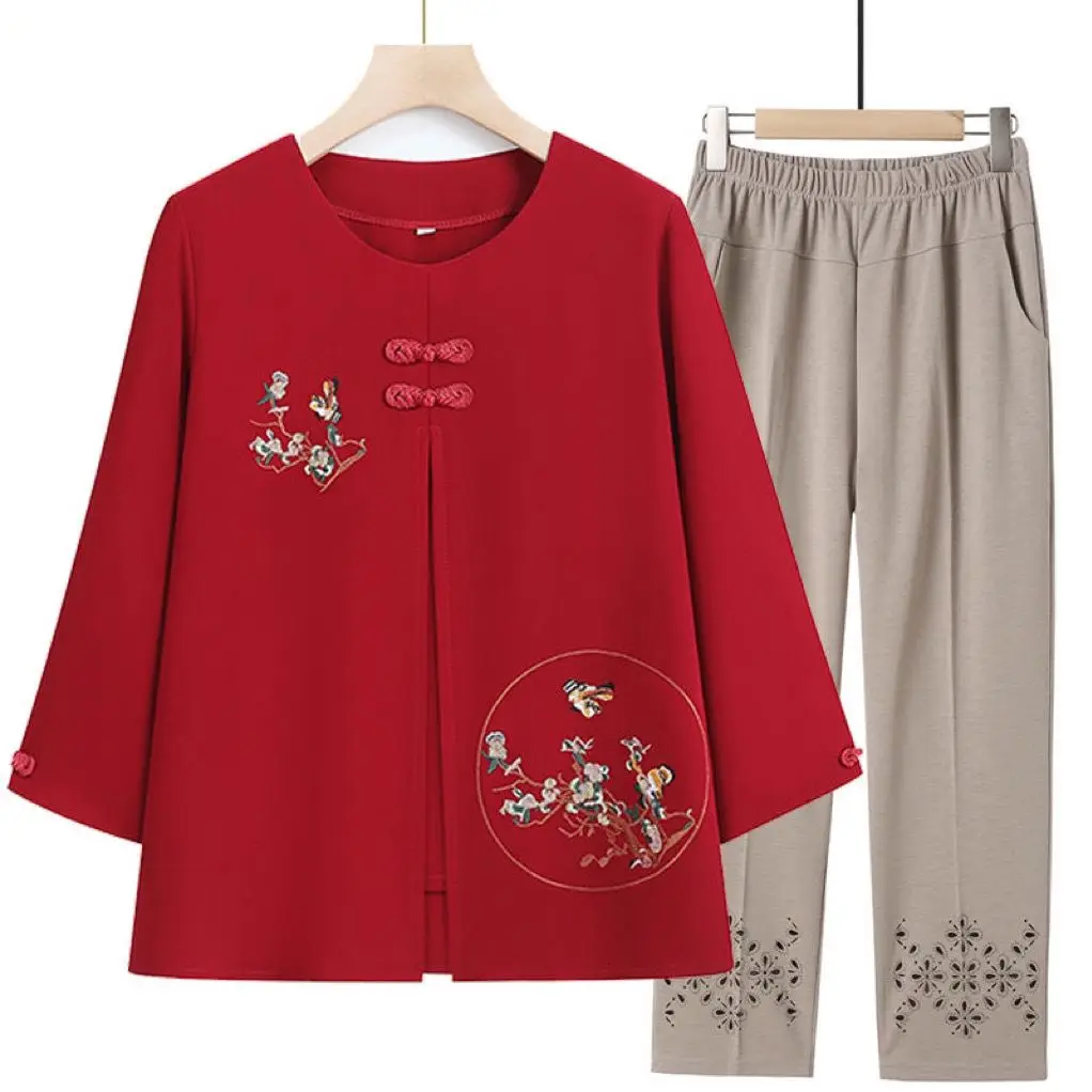 

Mother's Summer Outfit Sleeve T-shirt Middle-aged Women's Summer Suit Grandma's Trendy Clothes Two-piece For Elderly