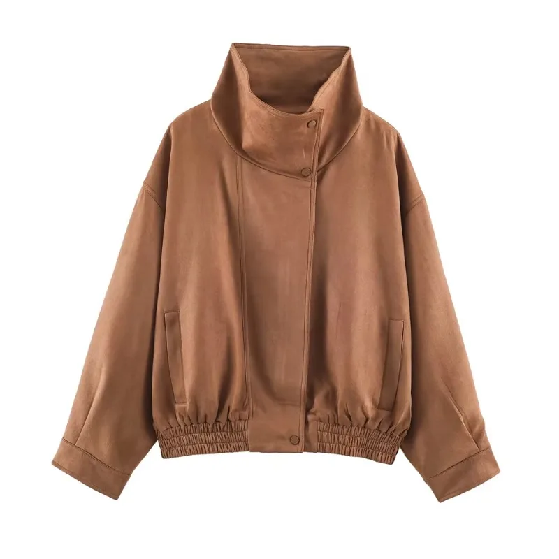 Guobioziy Women's High Collar Pilot Jacket 2026 New Fashion Suede Texture Stretch Hem Windproof Classic Commuter Style