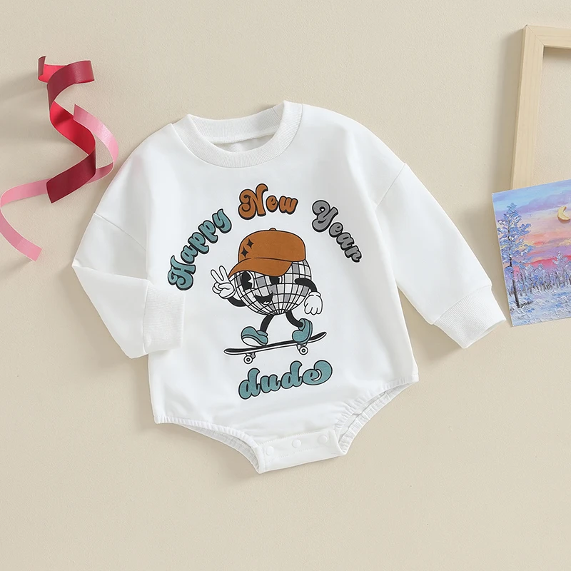 Infant Holiday Jumpsuit with Sparkly Sequin Ball and Festive Pie Print Long Sleeve Crew Neck Baby Romper for Newborns