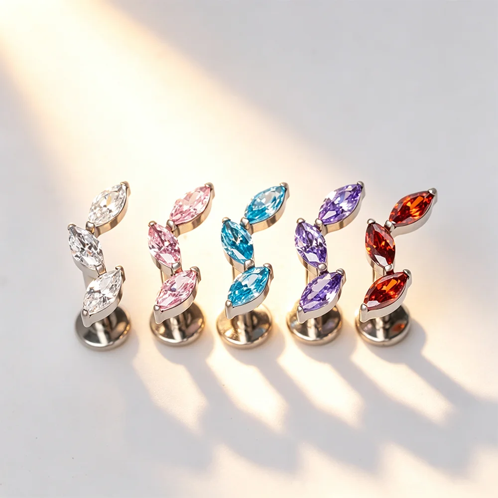 ASTM F136 Titanium Ear Stud 3 Marquise Leaf Shape Cartilage Tragus Earrings Ear Helix Studs Tongue Piercing Jewelry for Women