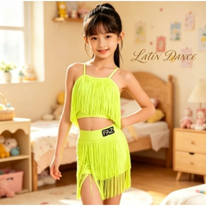 

Girls Neon Fringe Latin Dance Set Kids Halter Style Stage Performance & Latin Competitions performance Performance Accessories