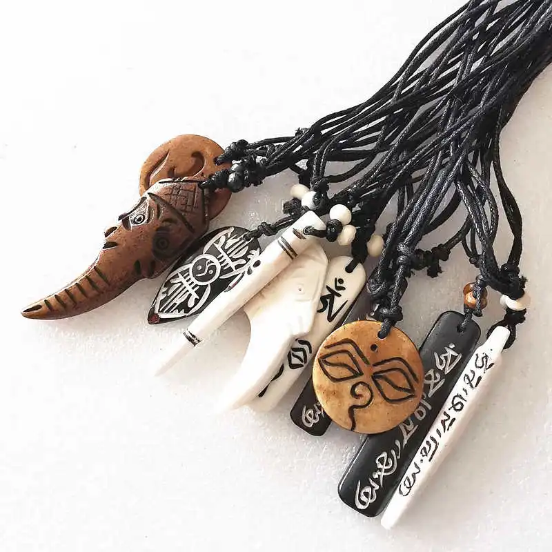 10PCS Mix Tibetan Yak Bone Hand Carved Amulets Pendant Necklace With Adjustable Rope Chain TNL289