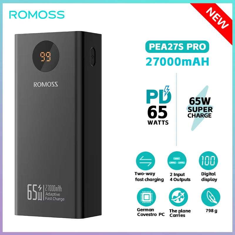 ROMOSS Powerful Power Bank 40000 mAh 65W PD30W Fast Charging 40000mAh External Battery For Xiaomi 14 Xiaomi 13 iphone Laptop