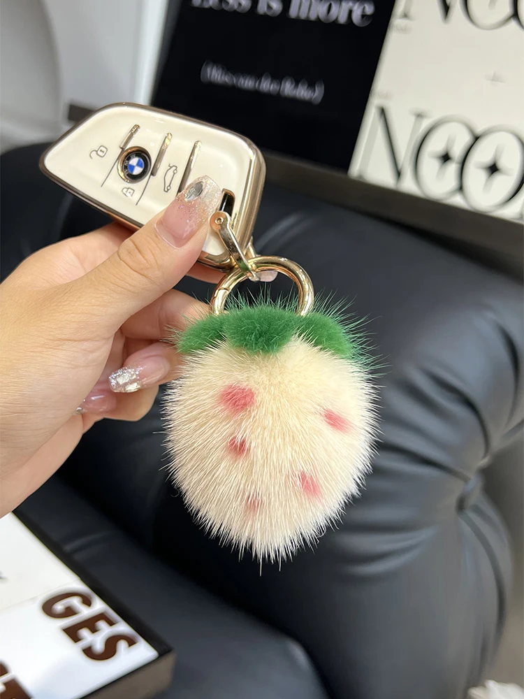 Mini Cute Strawberry Real Mink Fur Key Chains Plush Ball Toy Women\'s Bag Charm Ornaments Car Keyring Trinkets Cell Phone Pendant