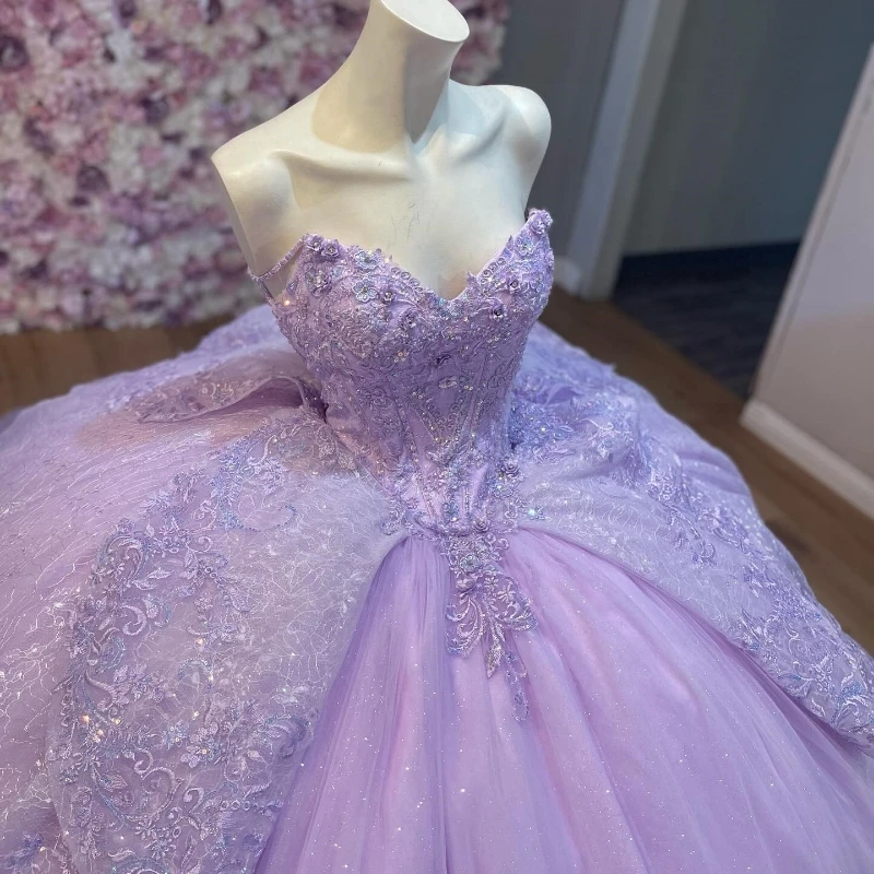 Mexico Lavender Off Shoulder Ball Gown Sweet 16 Years Old Quinceanera Dresses For Formal Beaded Applique Ruffles Graduation Vest