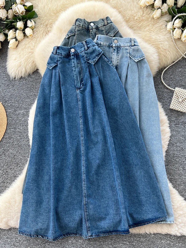 

Korean Sle High Waist A-Line Midi Skirt Women's Commute Versatile Slimming Splicing Long Skirt Design Sense