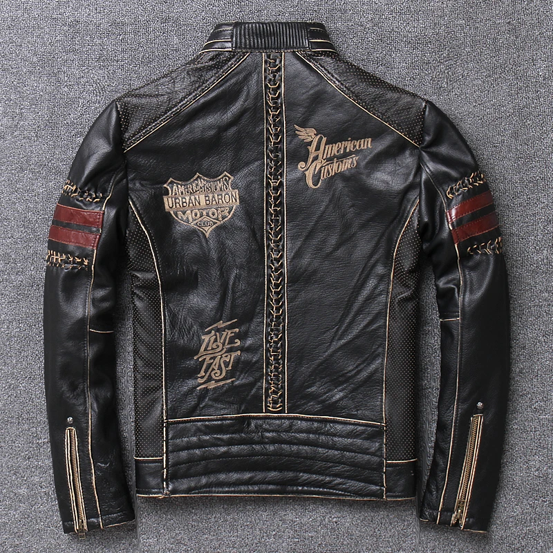 Jaket Motor Pria 2025 Jaket Kulit Sapi Asli Jaket Kulit Hitam Slim Pria Mantel Vintage Pria