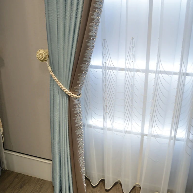 2023 New Curtains for Living Dining Room Bedroom Custom Window  Light Luxury Curtain Silver Color Blue Curtain High-End Model