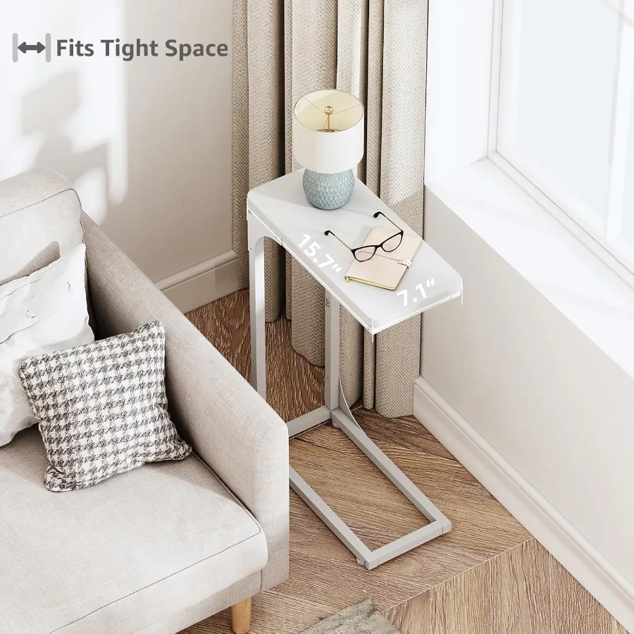 طقم طاولة جانبية ضيقة على شكل حرف C مكون من مجموعتين من غرف المعيشة وطاولات صينية أريكة نحيفة ورقيقة وصغيرة وحديثة بعرض 7 بوصة باللون الأبيض 017-18 وات