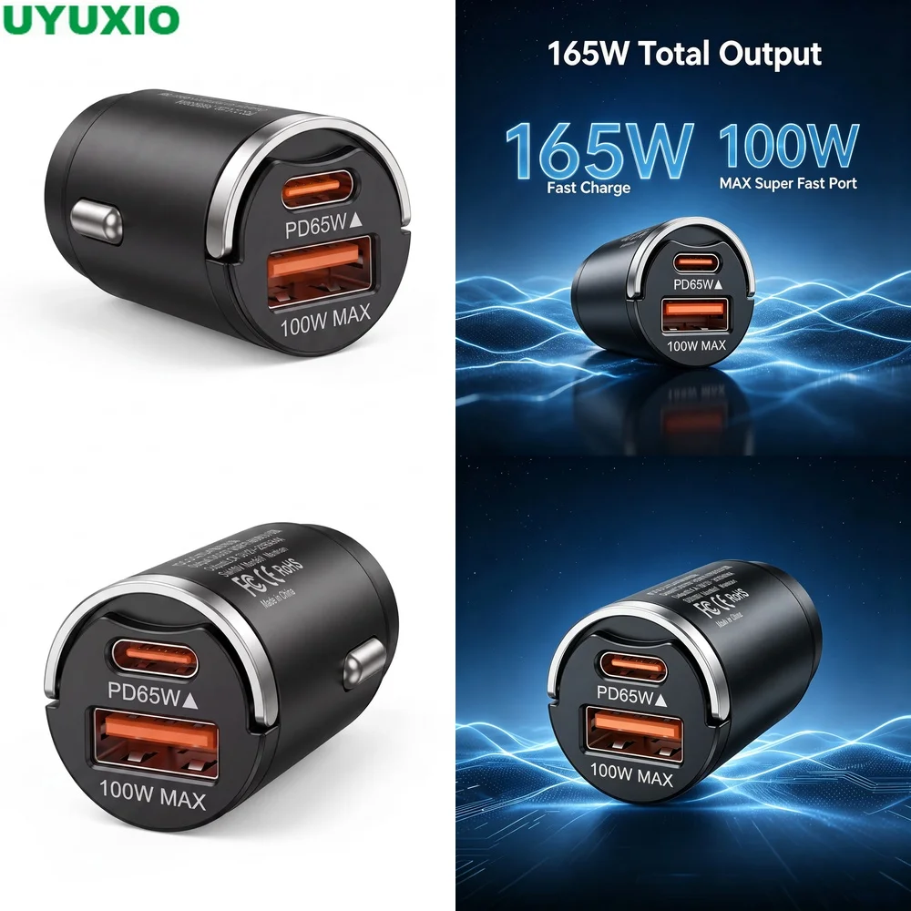 carregador-de-carro-embutido-de-165w-com-corpo-compacto-em-liga-de-zinco-e-saidas-usb-c-de-65w-e-usb-a-de-100w-para-viagens-e-uso-diario