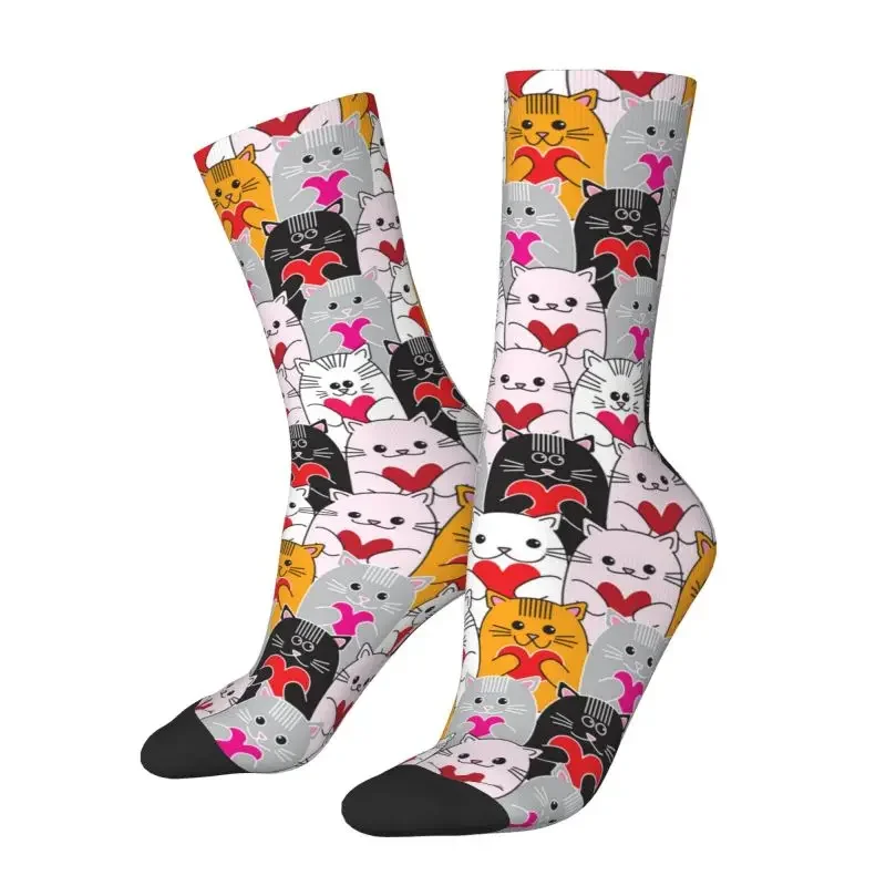 

Cats Love Hearts Dress Sock Men Women Male Breathable Warm Funny Novelty Cartoon Kitten Crew Socks