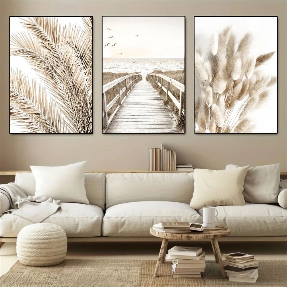 Bohemia Beige Landscape Art Poster Sea Birds Bridge Canvas Painting Pampas Grass Palm Leaf Print Nordic Wall Pictures Home Decor