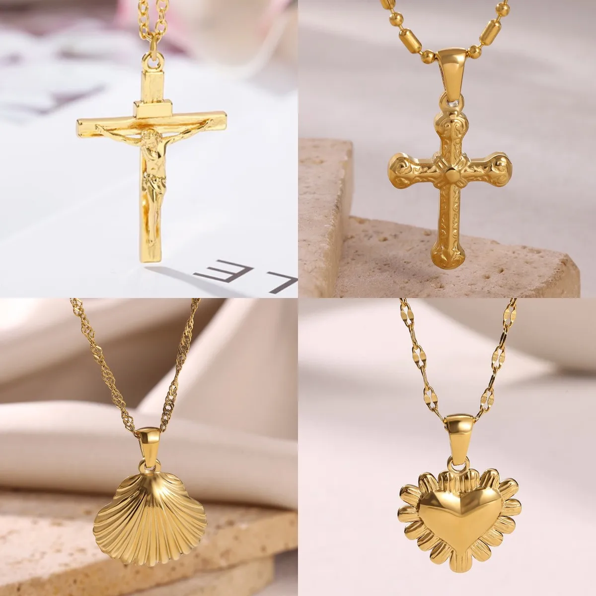 Gold Farbe Edelstahl Jesus Kreuz Anhänger Halskette Modische Geknitterte Perlenkette Klassische Glaube Schmuck Kostenloser Versand