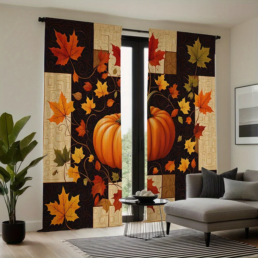 2 Pieces Autumn Pumpkin and Maple Leaf Print Curtains, Polyester Fabric, Suitable for Bedroom Living Room Decoration