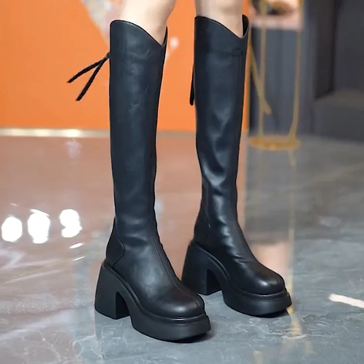 Fashion Women Knee High Boots Soft Leather Platform Round Toe Long Shoes Woman High Heeled Motorcycle Boots Elegant Lady Boots