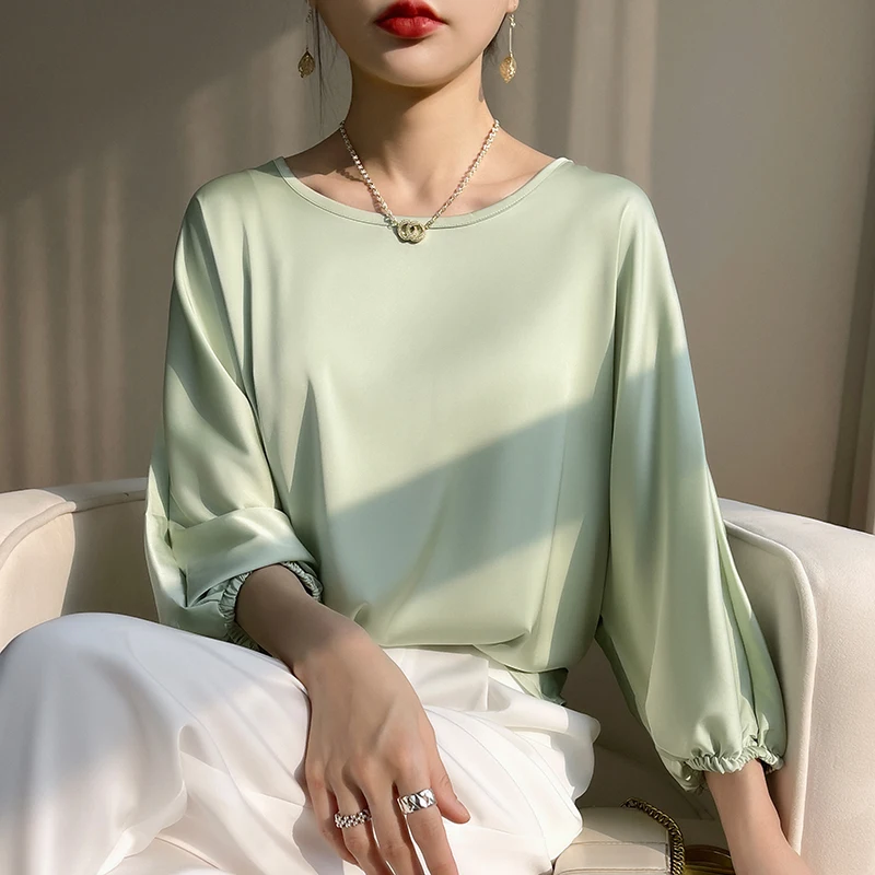 

Summer New Acetic Acid Satin Round Neck Short Sleeve T-Shirt Female Loose Solid Color Cropped Sleeve Temperament Top