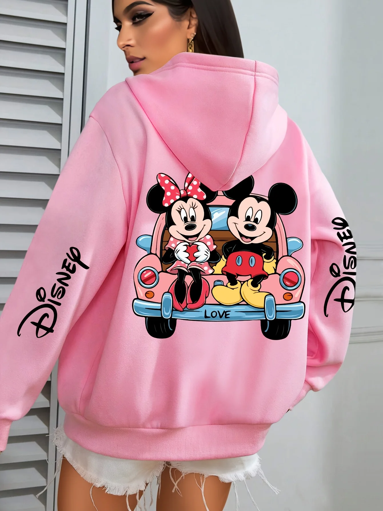 

2025 Autumn/Winter New Disney Authorized Mickey Minnie Pink Car Loose Hoodie Must Wear for Dating! Sweet dressing ceiling