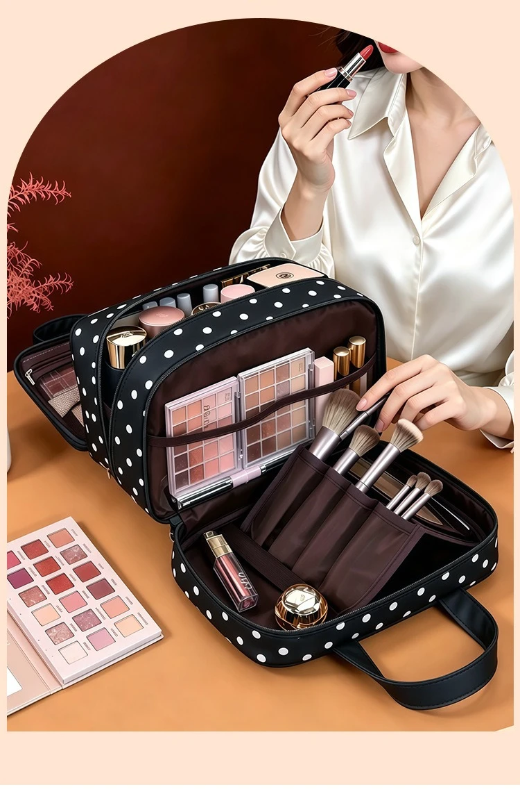 Polka Dot Make-up-Tasche mit großem Fassungsvermögen, tragbarer Reise-Kosmetik-Organizer, wasserdichte Hand-Kulturtasche für Damen – Detail 11