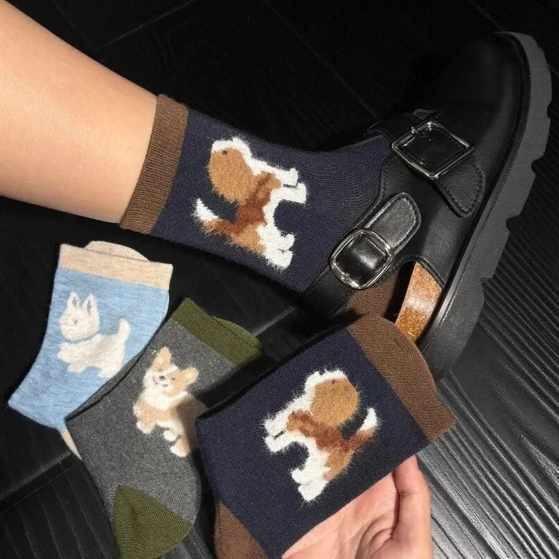 

1/5/10 Pairs Female Cartoon Velvet-flocked Dog Socks Women Autumn Warm Cotton Pattern Mid-tube Stockings Women Casual Hosiery