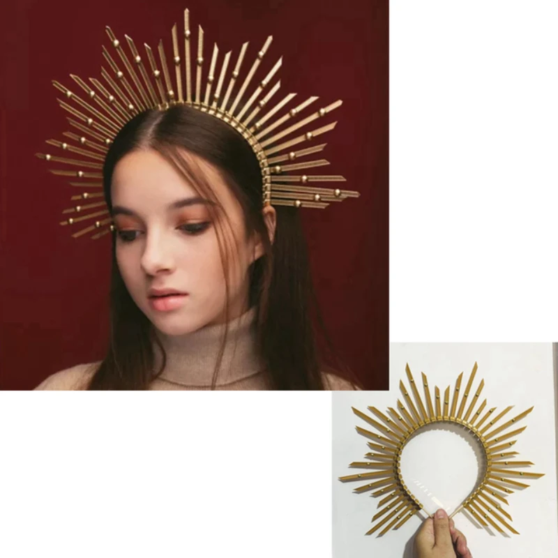 

Crown Gold Spike Halo Women Photography Props Accessories Sun Pearl Spiked Goddes Metal Headbands For Young Girl Party Hai