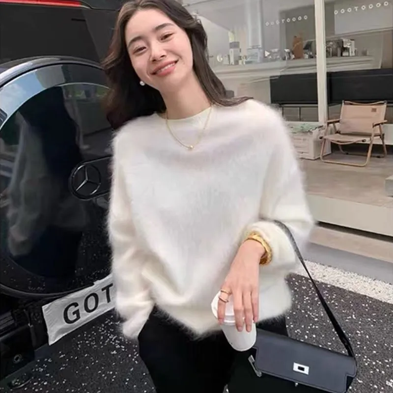 

Women's 100% Pure Wool Sweater O-neck Plush Wool Pullover Autumn Winter Fluffy Brush Cashmere Knitwear High Quality Loose Top