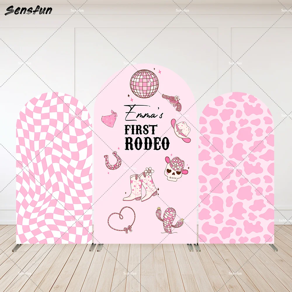 

Custom Girls First Rodeo Arch Wall Panels Backdrops Pink Graffe Prints Checkered Baby Shower Arch Cover Background Banner