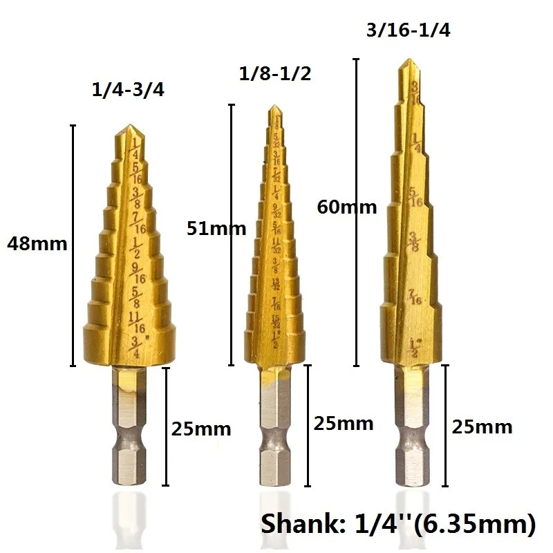 CMCP Step Cone Drill Hex Shank Inch Step Drill Bit Titanium Coated HSS Hole Cutter Metal Drills Wood Metal Drilling Tools