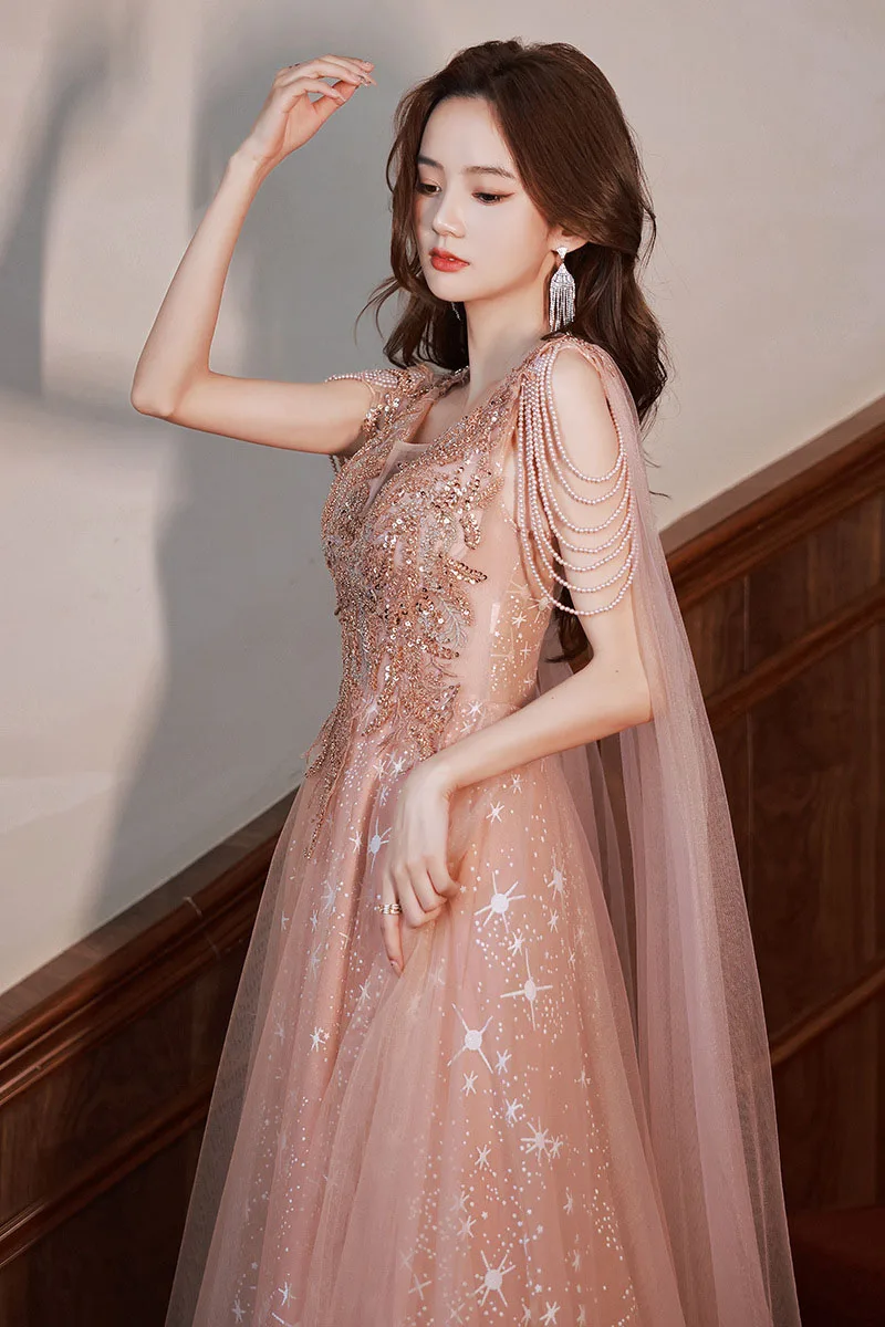 DongCMY Luxury Evening Dress For Wonmen 2024 New Summer Heavy Industry Long Pink Starry Sparkling Elegant Party Dress For Prom