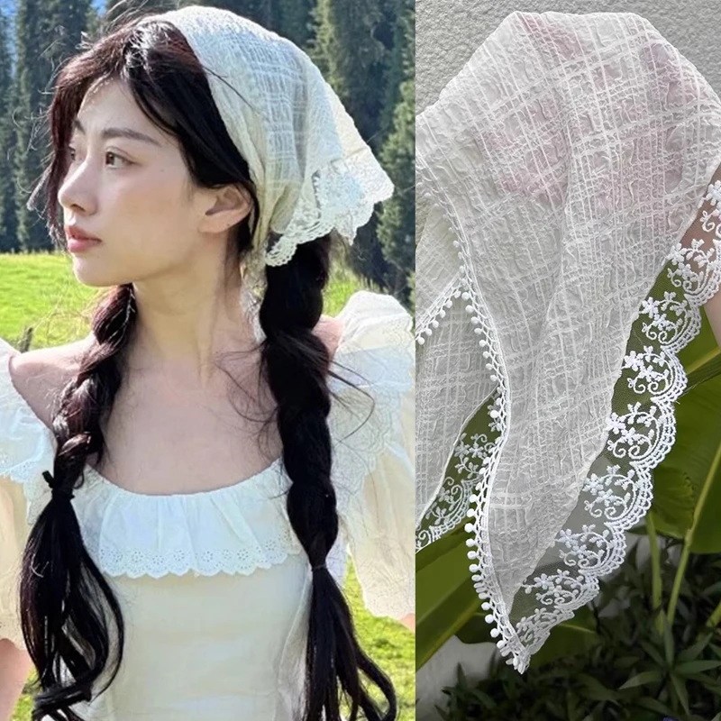 

Fashion Lolita Lace Embroidered Flower Headscarf Sweet Korean INS Retro Pastoral Style Wrap Hair Scarf Women Hair Accessories